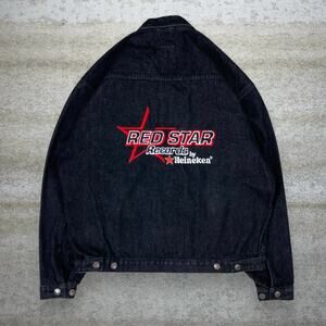 Vintage Y2K Heineken Jean Jacket Mens XL Black Wash Button Up Red Star Records